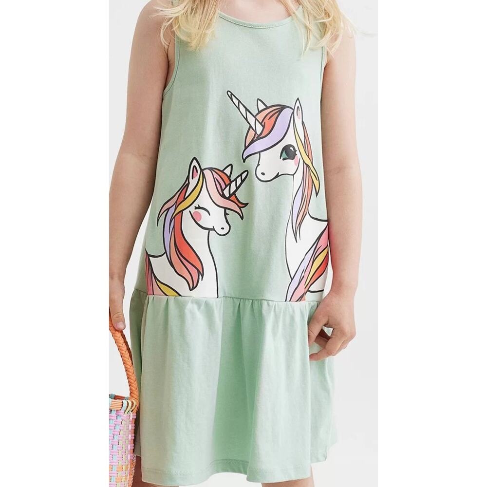 H&M Girls 6X-7 Unicorn Anime Drop Waist Green 100% Cotton Sundress - Picture 5 of 5